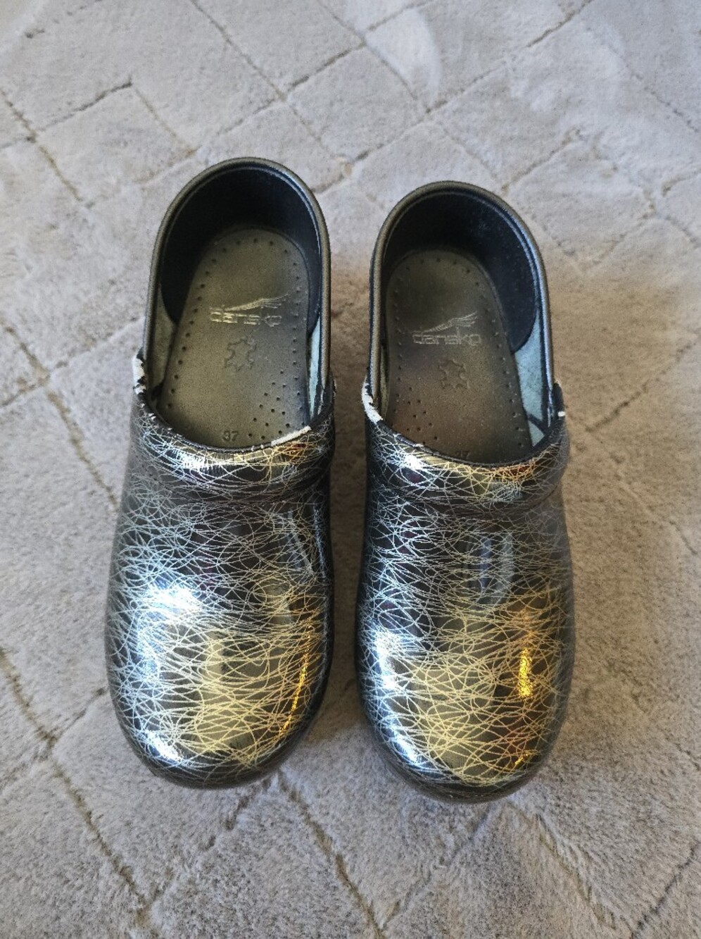 Dansko Black Metallic Crackle Clogs with Gold Veining